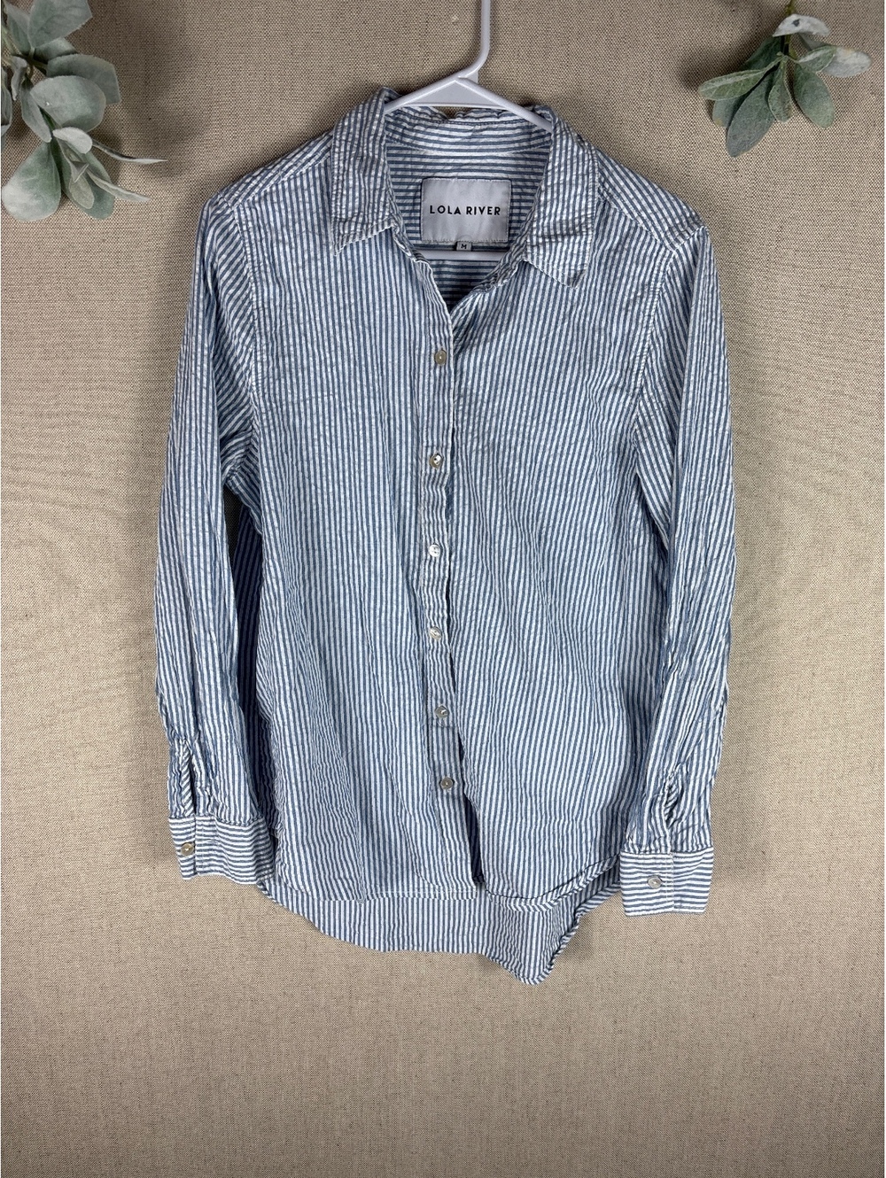Lola River > Blue Striped Beach Cotton Button Down Medium